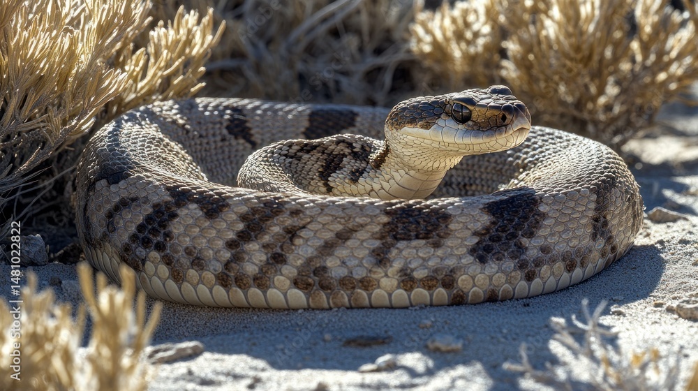 Obraz premium A coiled snake resting in sandy terrain amongst dry brush