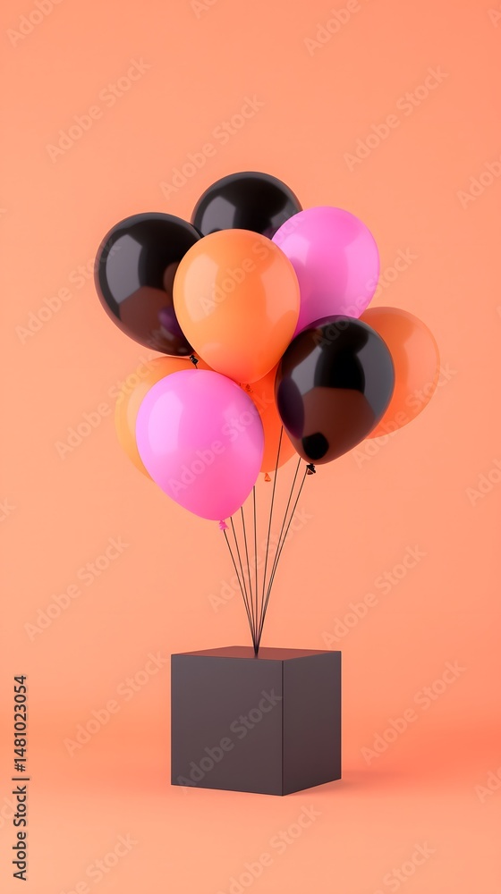 Glossy Pink Black Orange Balloons Floating Above Dark Gift Box on Peach Background Glossy Pink Black Orange Balloons Floating Above Dark Gift Box on Peach Background