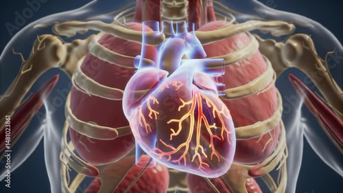 3D animated human heart beating with fire inside transparent ribcage showing vascular system on medical background