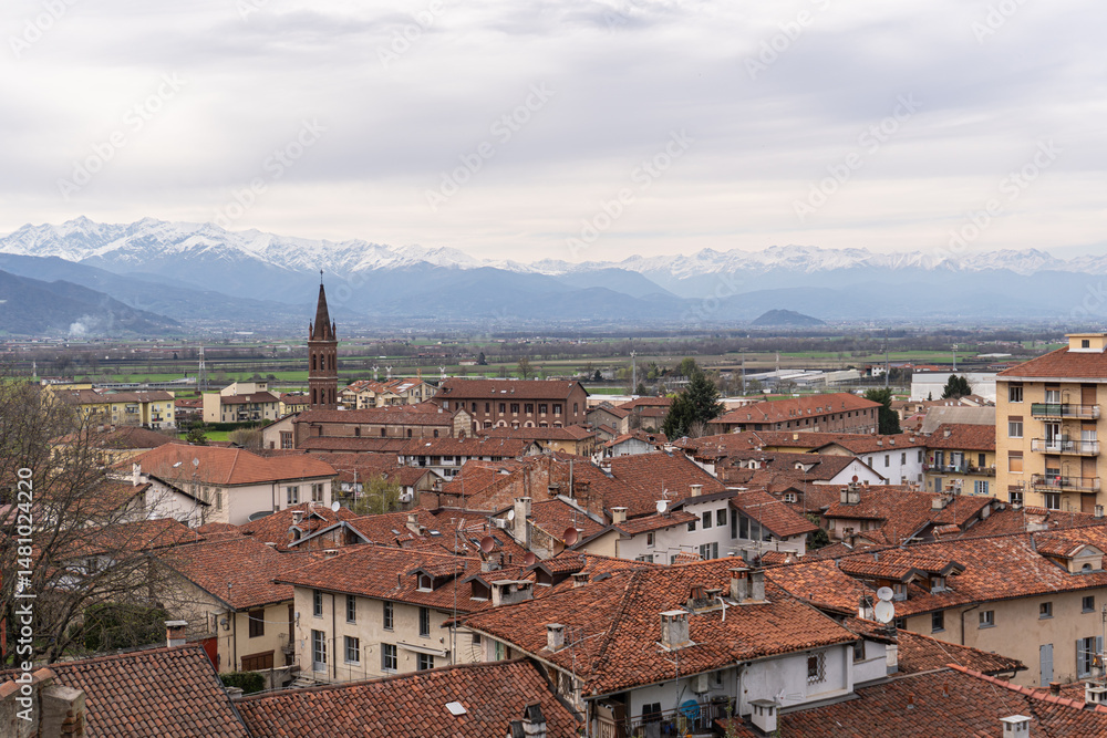 Obraz premium Aerial panoramic view of the town of Saluzzo, one of the medieval villages in Piedmont, province of Cuneo,Italy.