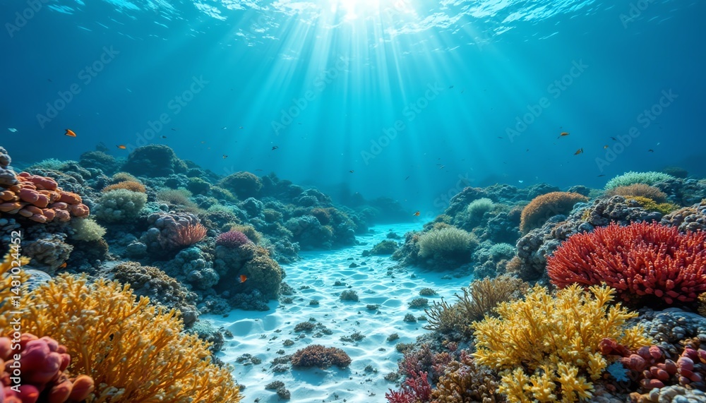 Fototapeta premium Vibrant coral reef with sunlight filtering through.