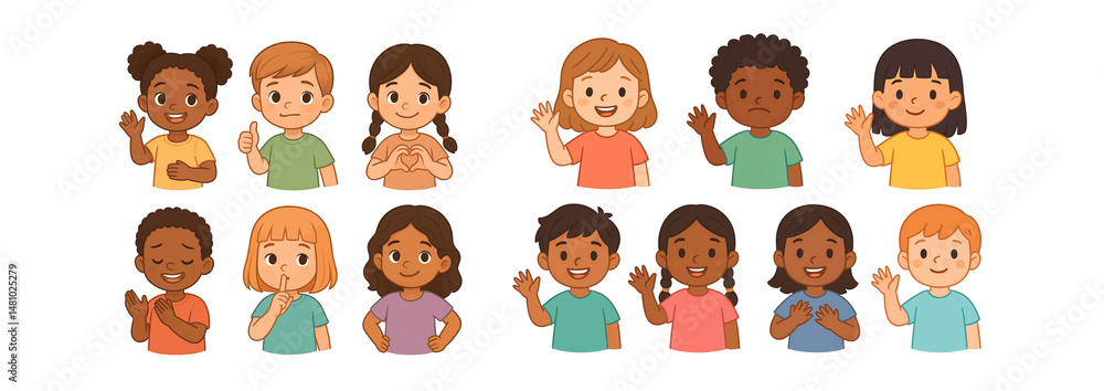 Obraz premium Collection of diverse children making friendly hand gestures, transparent background.