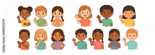 Collection of diverse children making friendly hand gestures, transparent background.