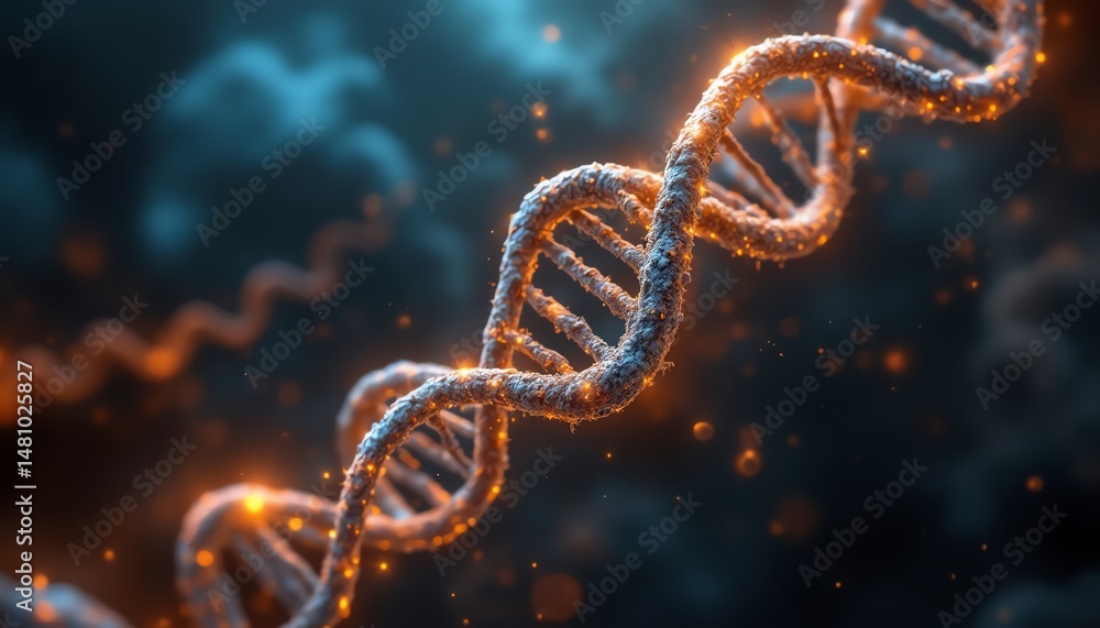 Intricate DNA strand glowing in dark background. Intricate DNA strand glowing in dark background.