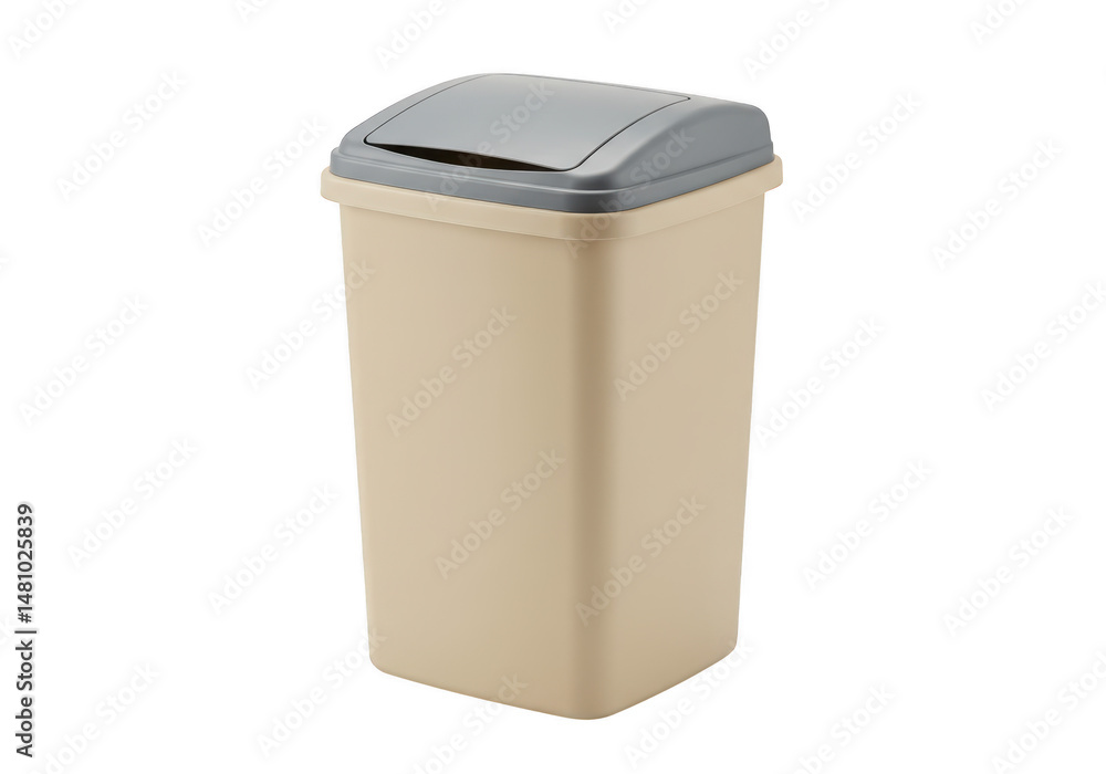 Beige trash can with gray lid isolated on transparent background Beige trash can with gray lid isolated on transparent background
