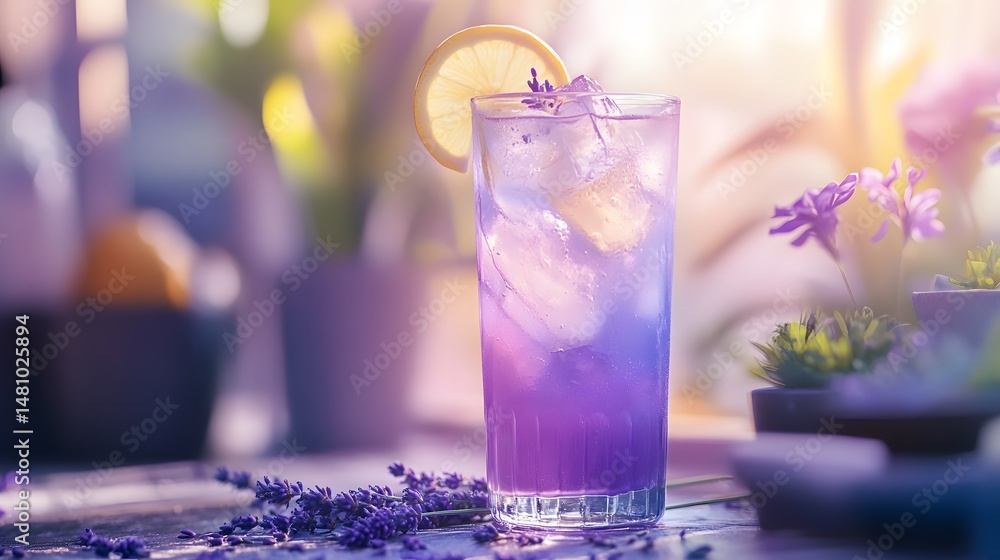 Lavender Lemonade Cocktail. Gin, homemade lavender syrup, fresh lemon juice, served with a sprig of lavender and a lemon wheel