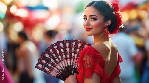 Beautiful Spanish Woman Red Dress Flamenco Fan Elegant Pose Festive Background Summer Fashion Portrait Photography girl lace hair updo model style    
