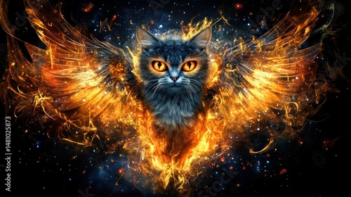 Fiery winged cat mystical creature fantasy art graphic design