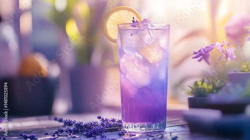 Obraz na płótnie Lavender Lemonade Cocktail. Gin, homemade lavender syrup, fresh lemon juice, served with a sprig of lavender and a lemon wheel w salonie