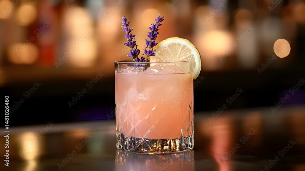 Lavender Lemonade Cocktail. Gin, homemade lavender syrup, fresh lemon juice, served with a sprig of lavender and a lemon wheel