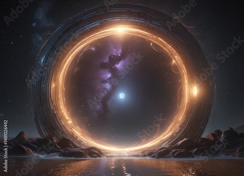 Shimmering portal, cosmic waves ripple across its surface, ethereal glow ,  light,  cosmic rays,  fantasy