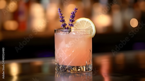 Obraz na płótnie Lavender Lemonade Cocktail. Gin, homemade lavender syrup, fresh lemon juice, served with a sprig of lavender and a lemon wheel w salonie