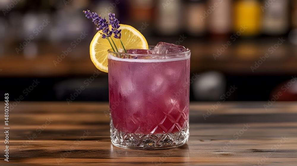 Lavender Lemonade Cocktail. Gin, homemade lavender syrup, fresh lemon juice, served with a sprig of lavender and a lemon wheel