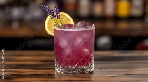 Lavender Lemonade Cocktail. Gin, homemade lavender syrup, fresh lemon juice, served with a sprig of lavender and a lemon wheel