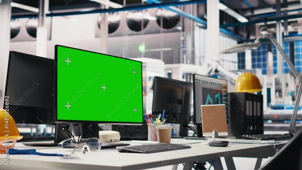 Isolated screen monitor in photovoltaics factory used to oversee performance of manufacturing solar panels. Chroma key pc in empty industrial facility used to inspect solar plant machinery. Isolated screen monitor in photovoltaics factory used to oversee performance of manufacturing solar panels. Chroma key pc in empty industrial facility used to inspect solar plant machinery.