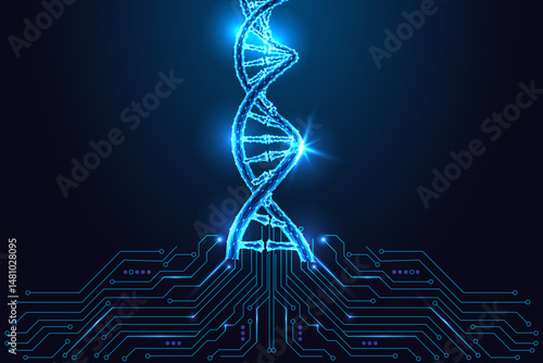 Biotechnology, digital DNA analysis concept with glowing helix and circuit board vector illustration