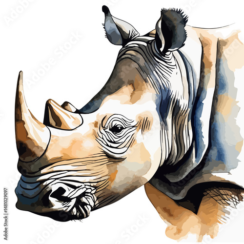 Hand drawn watercolor painting of a Rhinoceros Head in  profile. Realistic wild animal art isolated on white background. Arctic animal illustration drawing by hand.