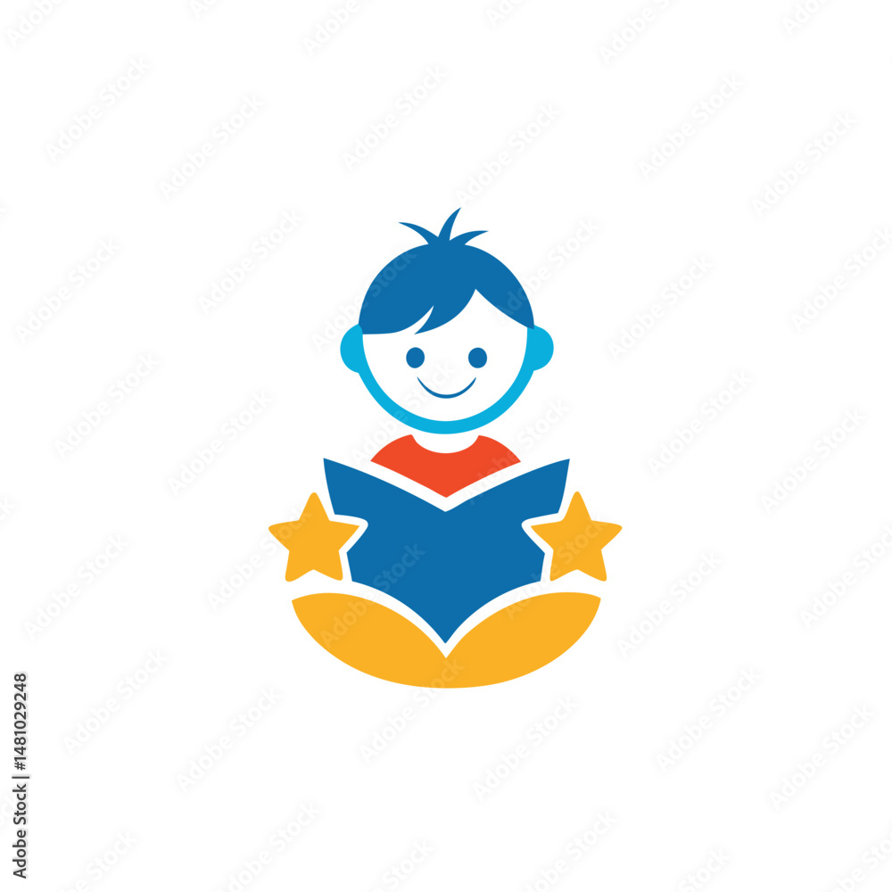 Kids Learning Logo with Child Reading Book Kids Learning Logo with Child Reading Book