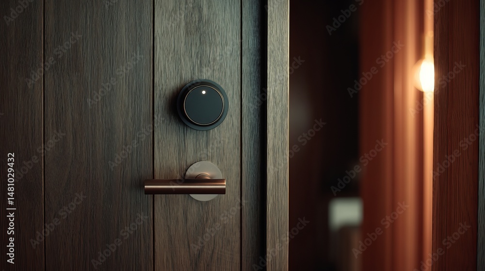 Obraz premium Modern Dark Wood Door with Sleek Digital Keypad and Minimalist Bronze Handle Interior Design Home Security Smart Lock System Apartment Room Access 