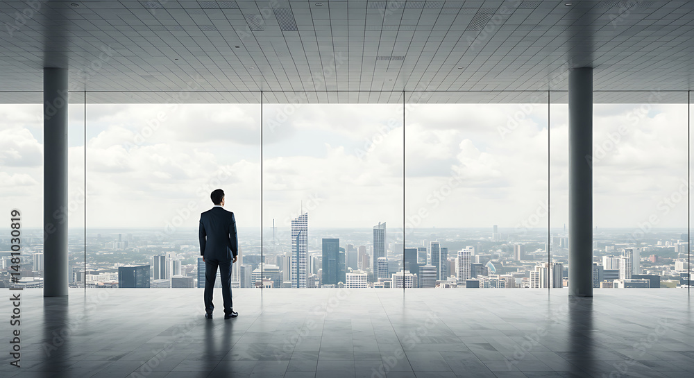 Fototapeta premium Businessman Looking at City Skyline from Modern Office
