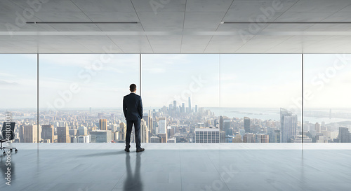 Businessman Contemplating Cityscape from Modern Office