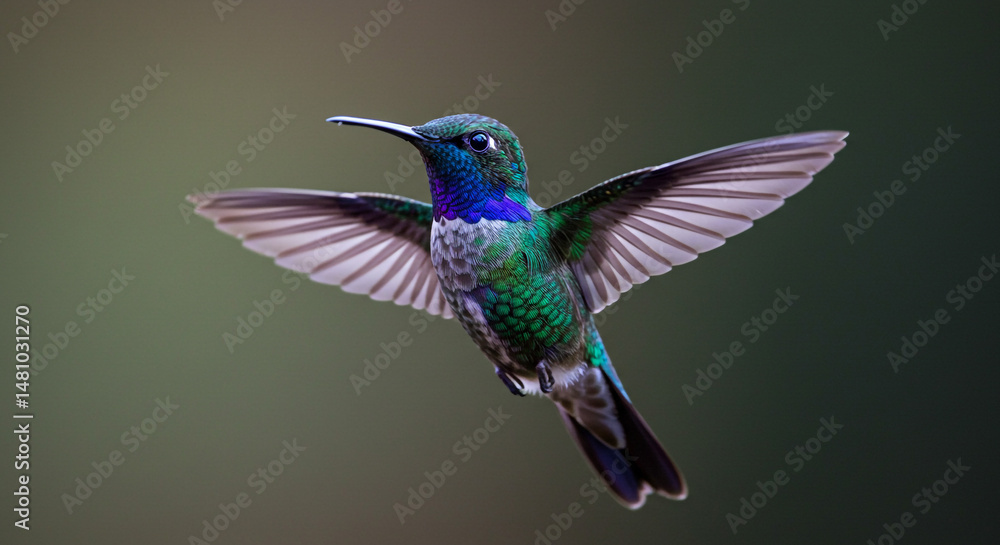 Obraz premium Vibrant hummingbird with green and blue feathers in flight. 