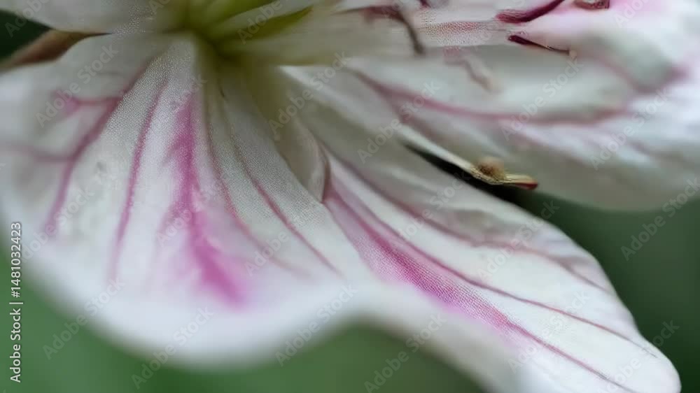 Extreme close-up of delicate white and pink patterned flower petals with pistil, stamen and flower filaments with bokeh background. Extreme close-up of delicate white and pink patterned flower petals with pistil, stamen and flower filaments with bokeh background.