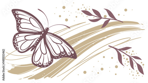 modern  design is artistic and decorative stylized butterfly illustration with leaves and brush strokes on a white background.
