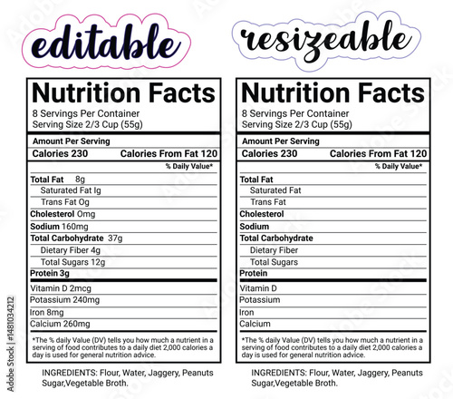 Nutrition facts template svg, clipart – Nutritional calories and ingredients table – Blank label files 

