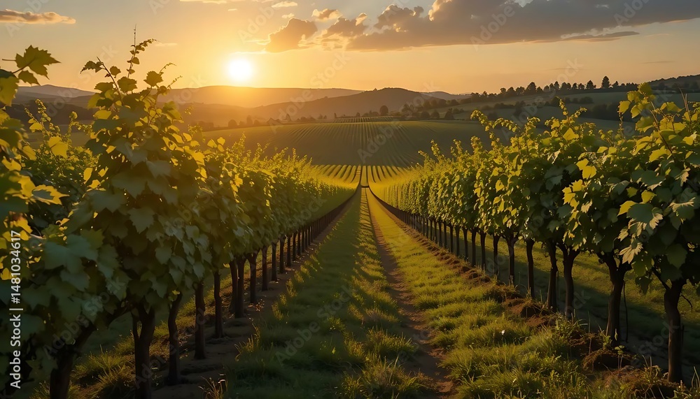 Fototapeta premium Vineyard rows stretch toward the sunset, creating a serene and picturesque landscape scene.