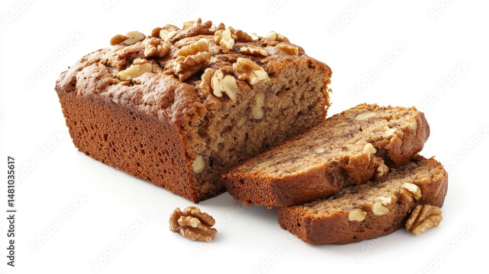 Delicious walnut banana bread loaf, freshly baked and sliced, isolated on white background. Delicious walnut banana bread loaf, freshly baked and sliced, isolated on white background.