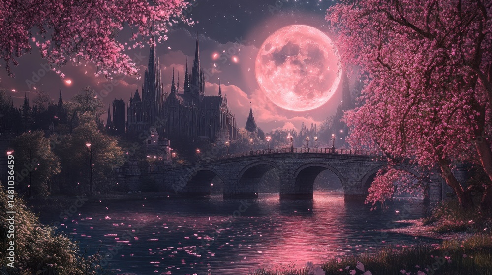 Fototapeta premium Gothic castle pink moon blossoms river bridge fantasy night scene