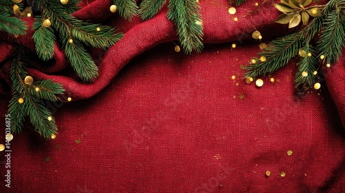 Golden Christmas Border Frame on Red Fabric with Greenery & Copy Space