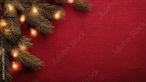 Christmas Card Template with Golden Lights, Red Background & Greenery Border