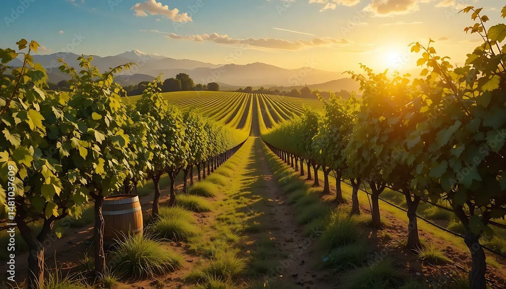 Fototapeta premium Picturesque vineyard rows stretch toward distant mountains beneath a radiant sunset sky.