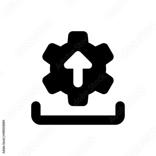 Black gear with upward pointing arrow inside a tray for uploading or configuration process shown here