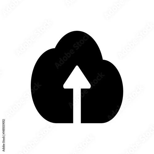 Black cloud with a white arrow pointing upwards representing uploading data to the cloud storage service
