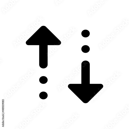 Upward and downward arrows with dotted lines indicating movement in a black and white graphic design element