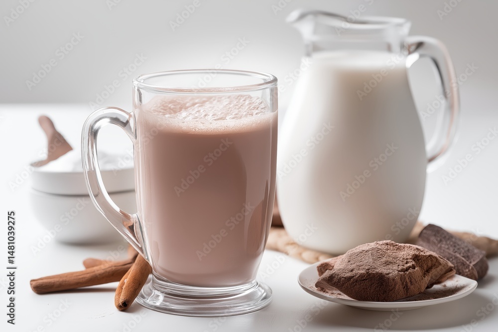 Cacao coffee and creatine blend in glass mug with fresh milk, promoting wellness and vitality Cacao coffee and creatine blend in glass mug with fresh milk, promoting wellness and vitality