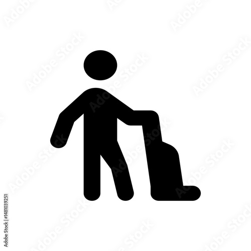 A simple black silhouette of a person vacuuming with a upright vacuum cleaner on a white background view