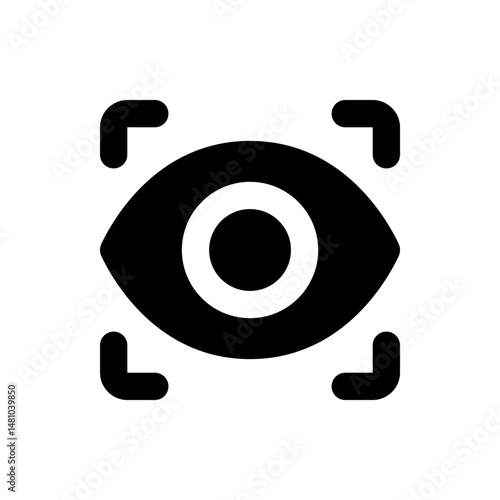 Illustration of a stylized eye with a circular pupil and corner brackets in a simple black and white design
