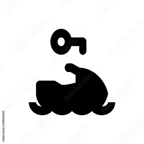 Black silhouette of jet ski on water with a key above it representing starting the watercraft ride