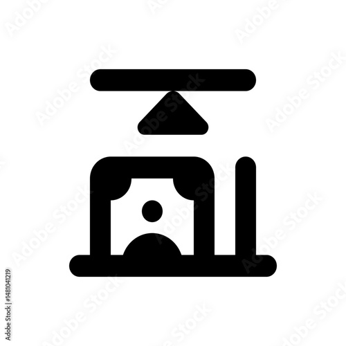 Black silhouette of a dispenser with a bill and a triangle pointing upwards on a white background