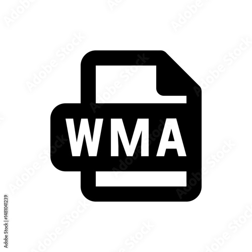 Illustration of a wma file icon with black border and white text on a white background, file format icon