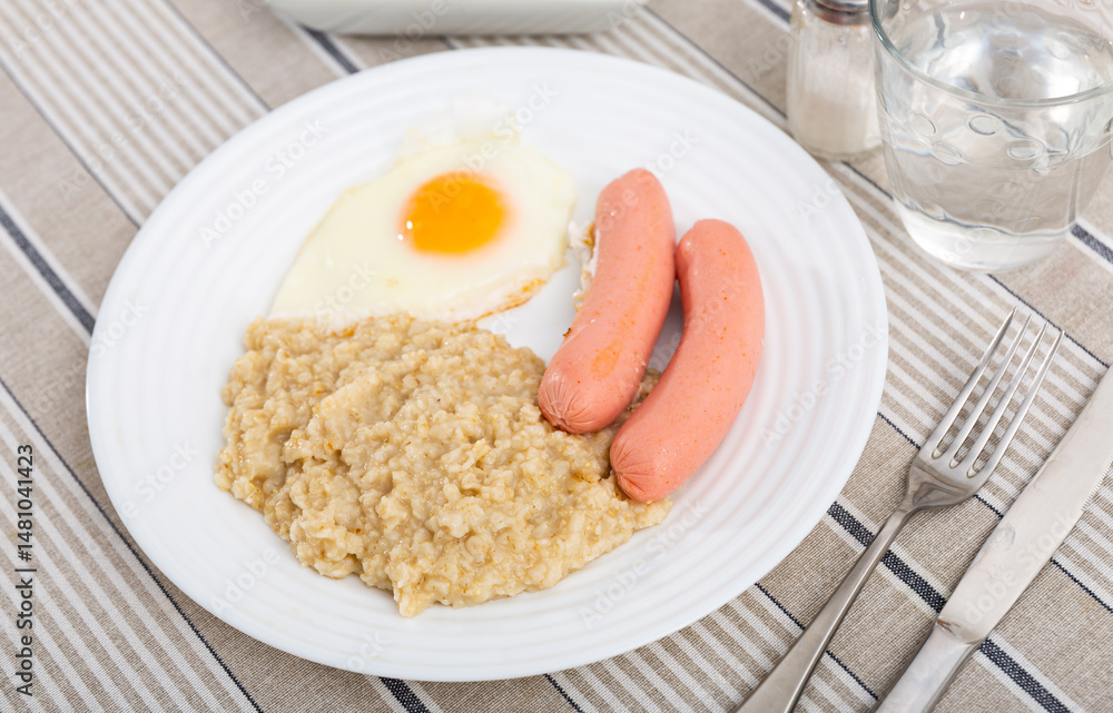 Two sausages with a fried egg and oatmeal on a white plate. Breakfast option with eggs and porridge next to cutlery and a glass of water