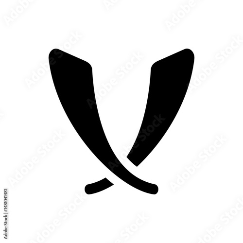 Two black abstract shapes crossing each other in a stylized manner on a white background design element