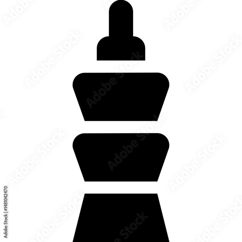 Illustration of a black and white layered totem pole like structure with a small head at the top center