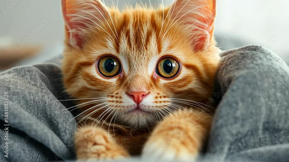 Golden Feline Gaze: The heartwarming close-up of a charming ginger kitten with captivating wide eyes, nested snugly in a soft embrace, radiates irresistible warmth and playful energy.