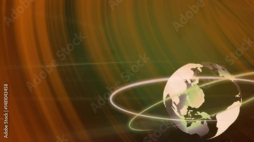 Stylized 3D globe spinning at right, rings orbiting, glowing beams crossing radial design
