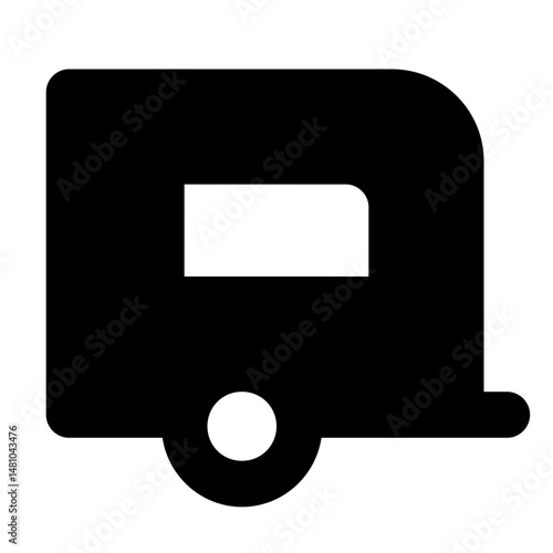 A simple black silhouette of a camper trailer with rounded edges and a single wheel is displayed here